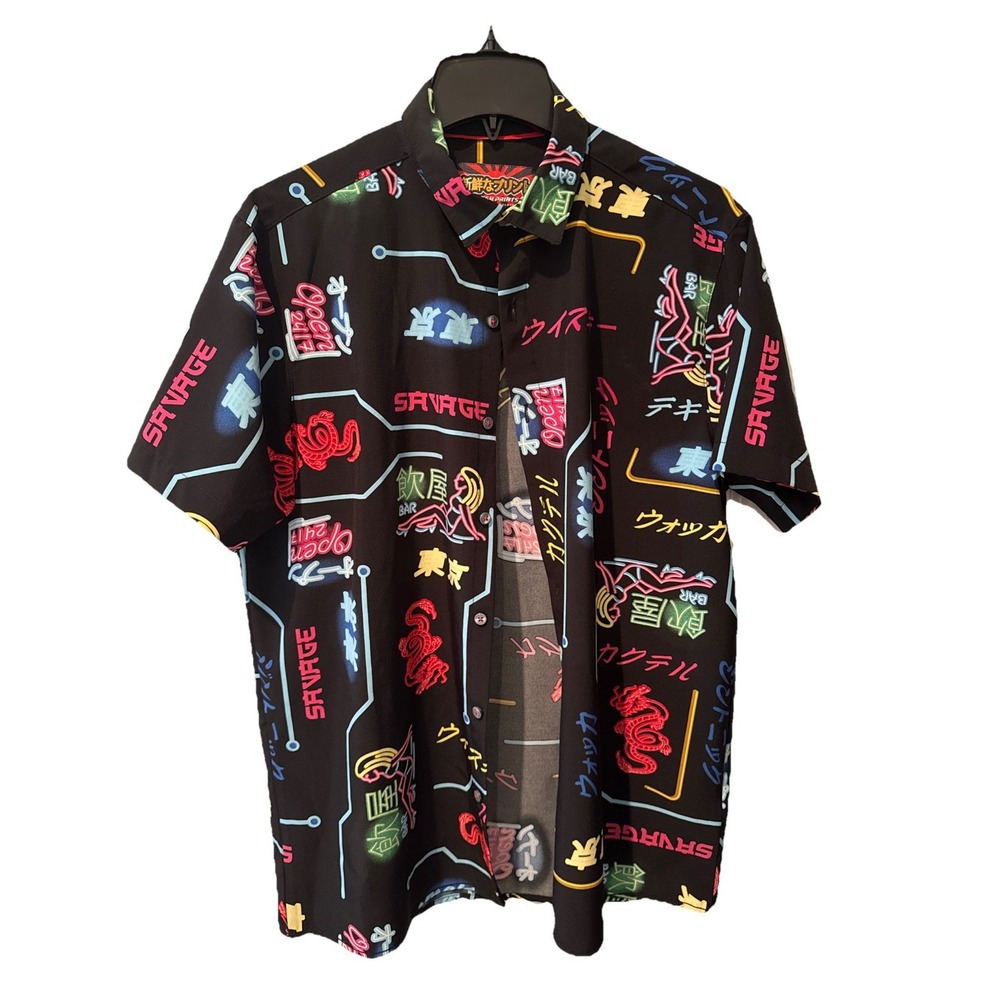 Fresh Prints Of Tokyo Short Sleeve Button Up Shirt Savage Black Neon Multi‎ Sz M